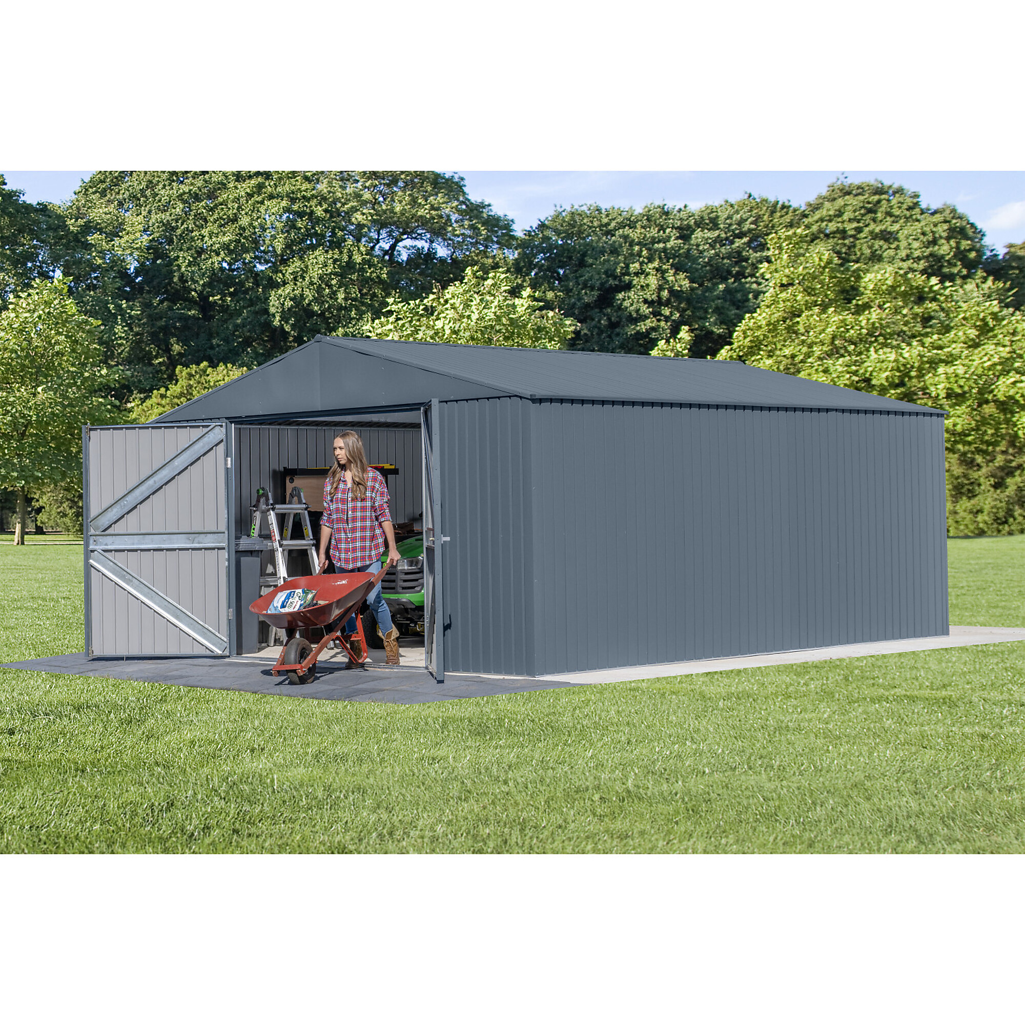 Arrow Storage Products, Elite Steel Storage Shed, 14x16, Anthracite, Length 16.1 ft, Width 14.2 ft, Model# EG1416AN